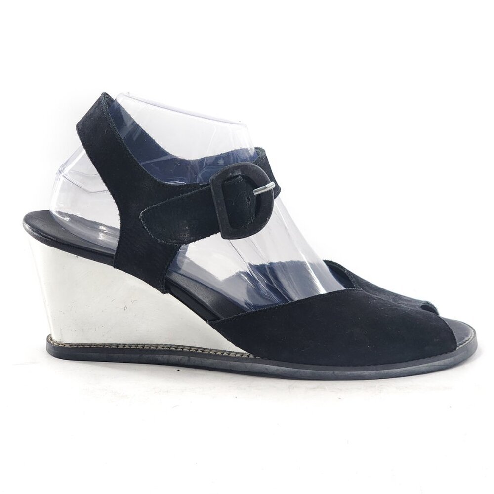 ARCHE Black Nubuck Leather Peep Toe Mirrored Wedge Slingback Sandals